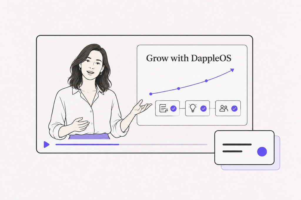 Illustration of a webinar presenter explaining clinic growth and DappleOS workflows, with video controls and a question card.