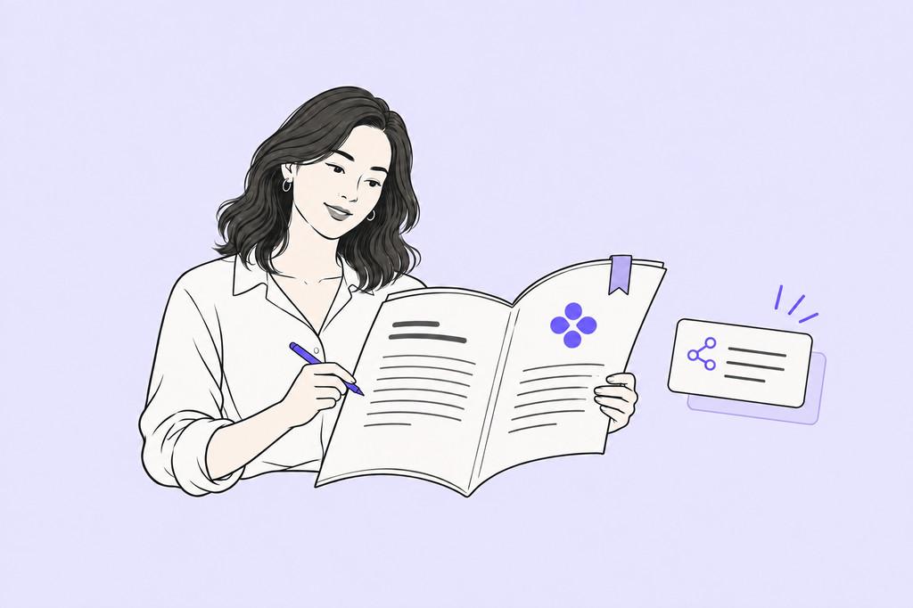 Editorial illustration of a woman reading and annotating an article, with the DappleOS clover on the page and a shared insight card.