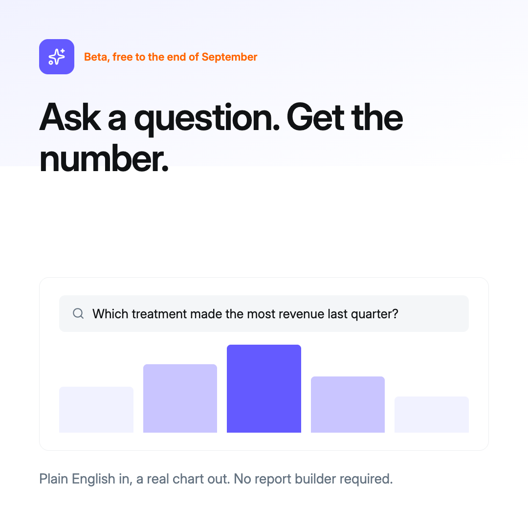 Ask AI in DappleOS clinic management software returning a revenue chart from a plain English question