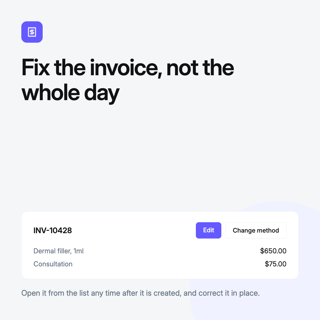 Correcting a cosmetic clinic invoice in place, with edit and change payment method actions
