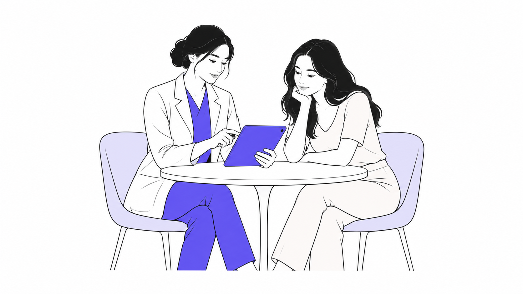 A clinician and patient discussing a treatment plan on a tablet, illustrated in black, white and DappleOS purple.